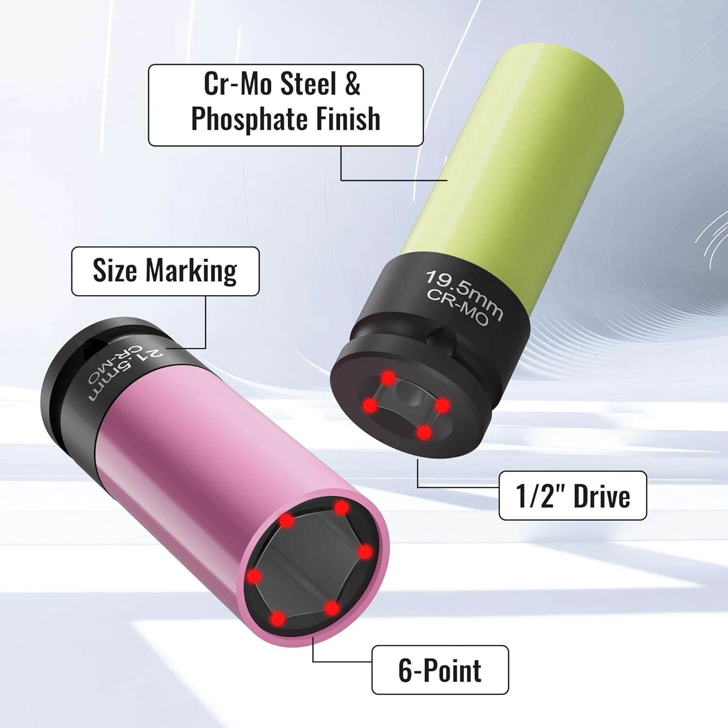 4- 1/2 inch Drive Thin Wall  Sockets (17.5, 19.5, 21.5, 22.5mm), Non-Marring Design for Swollen or Seized Wheel Nuts, CR-MO Steel