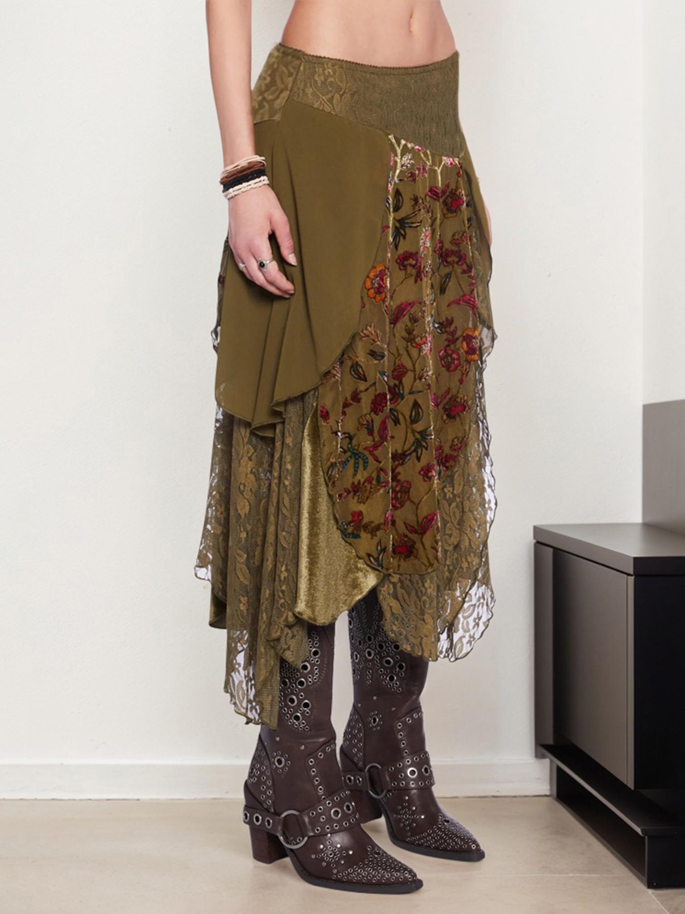 Women's Floral Lace Skirt, Vintage Sweet Skirt, Retro Asymmetrical Skirt, Boho Casual Skirts for Daily Wear, Ladies Bottoms for All Seasons