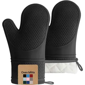 BPA-free soft silicone oven mitt, resistant to 550 degrees°High-temperature waterproof cooking safety gloves, thick cotton lining, flexible grip, suitable for barbecue, kitchen heat insulation mat set, 12.5x 8.3inch , black