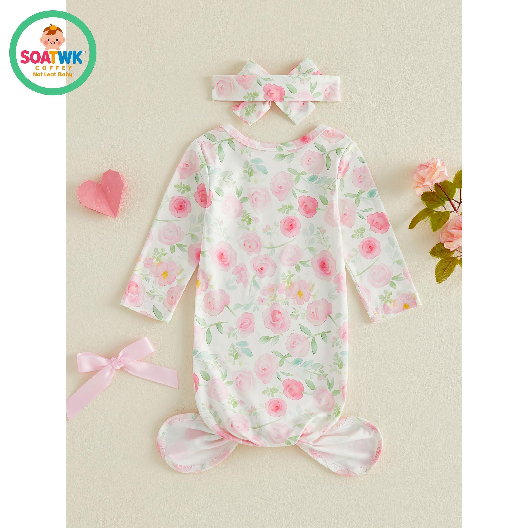 Newborn Sleeping Bags Floral Print Crew Neck Short Sleeve Knotted Swaddle Baby Girls Sleep Sack with Matching Headband