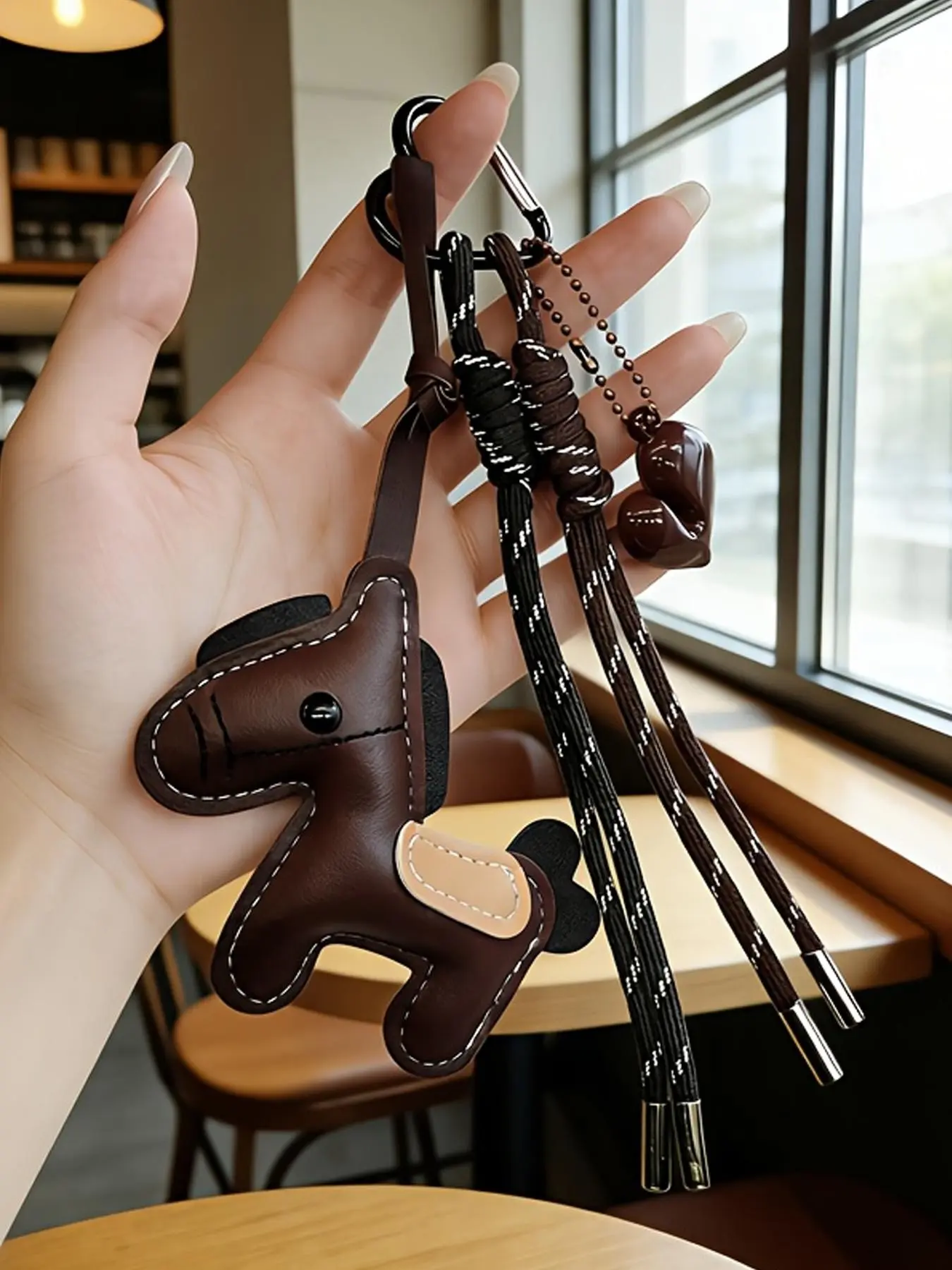 Retro Lucky Pony Faux Leather Heart Design Keychain Charm, Two-Tone Black Brown Braided Wrist Lanyard, Glossy Heart Pendant Metal Carabiner, Minimal Neutral Backpack Accessory, Sweet Lucky Gift for Soft Casual Girls & Besties