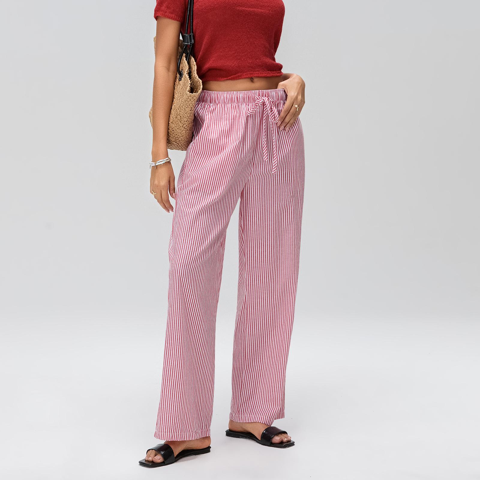 Ladies Female Women's Casual Stripe Print Pants, Drawstring Elastic Waist Loose Straight Long Pants with Pockets Womenswear Trousers Streetwear