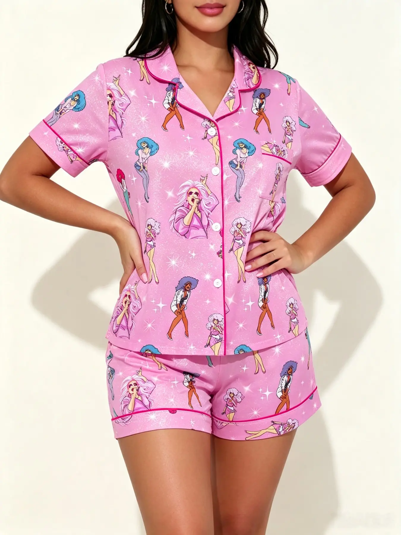Teen Girl Singer Print Short Sleeve Pajama Set, Soft Comfortable Home Wear, Cute Cartoon Pattern, All Season Sleepwear
