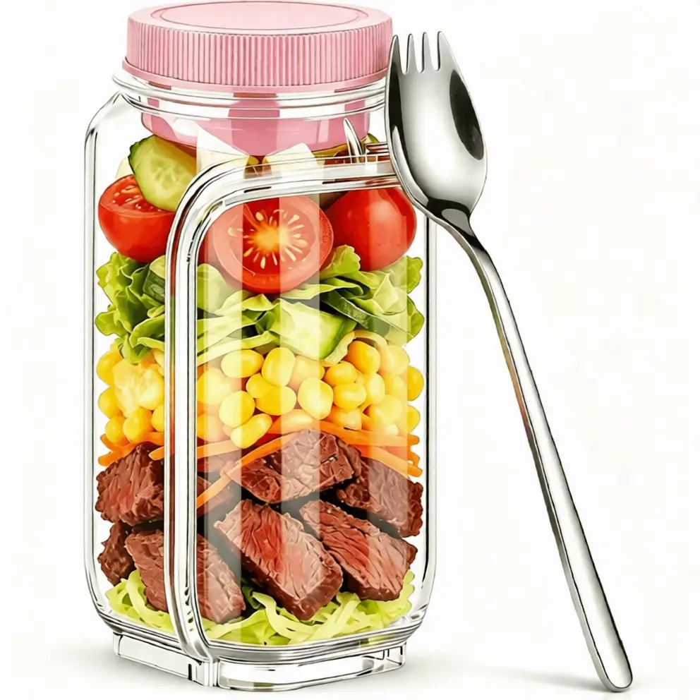 Salad Jar with Side Opening | Leakproof Salad Pod with Dressing Cup | Food Storage Container for Office, Work, Travel, Picnic, Gym and Outdoor Use | Easy to Clean & Dishwasher Safe