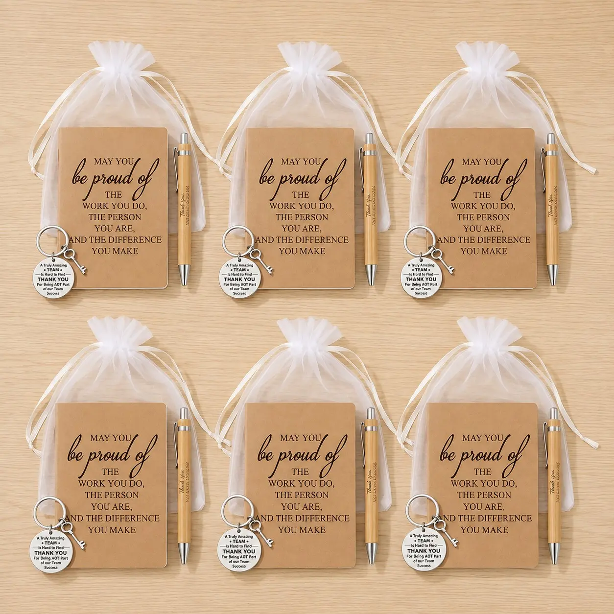 6PCS Inspirational Appreciation Gift Set with Motivational Keychains & Bamboo Retractable Pens, Positive Encouragement Gifts for Employees, Volunteers, Teachers and Coworkers, Volunteer Recognition Thank You Gifts for Christmas Thanksgiving