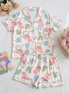 Girls' Cartoon Bunny Print Sleepwear Set, Comfortable Breathable Short Sleeve Pajamas, Button Front Cardigan, Casual Home