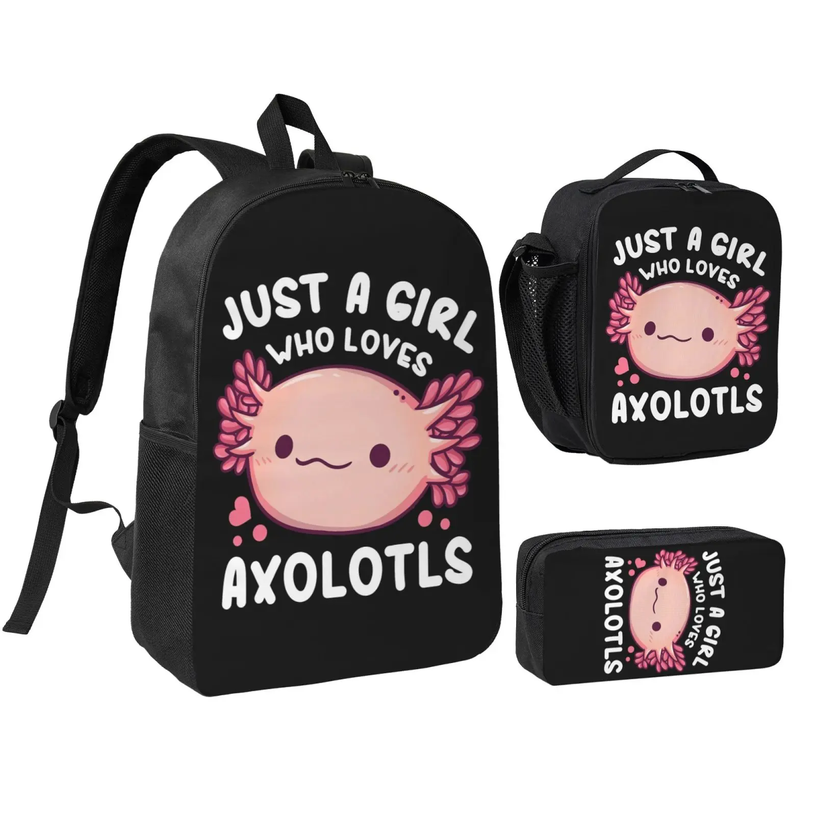 Unisex Axolotl3 3Pcs Anime Backpack Set for Teen Boys Girls, Adjustable Strap School Bookbag with Insulated Lunch Bag & Pencil Case, Lightweight Daypack for School Travel Office