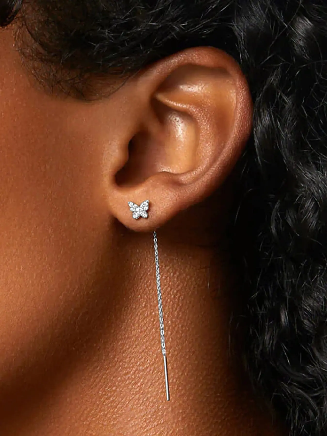 1Pair 925 Sterling Silver Cute Butterfly Chain Tassel Cubic zirconia Stud Earring Hypoallergenic Cartilage Helix Tragus Lobe Piercing Jewelry Suitable For Women For Daily, Dates, Vacation, Wedding, Party, Holiday Gift