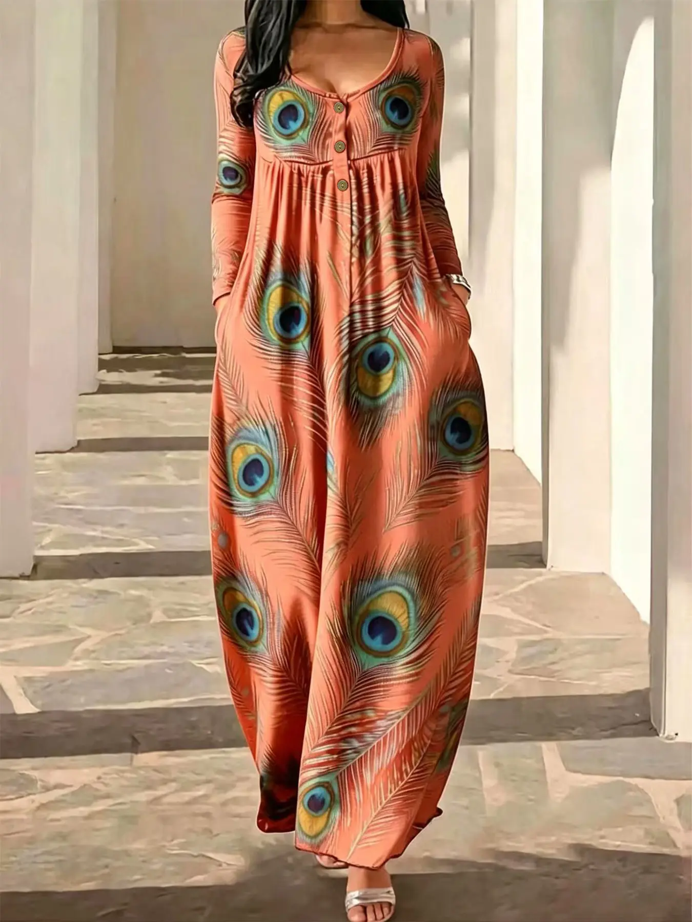 New Women's Peacock Feather Print Long Dress, Long Sleeve Button High Waist Babydoll Dress, Loose Fit with Side Pockets