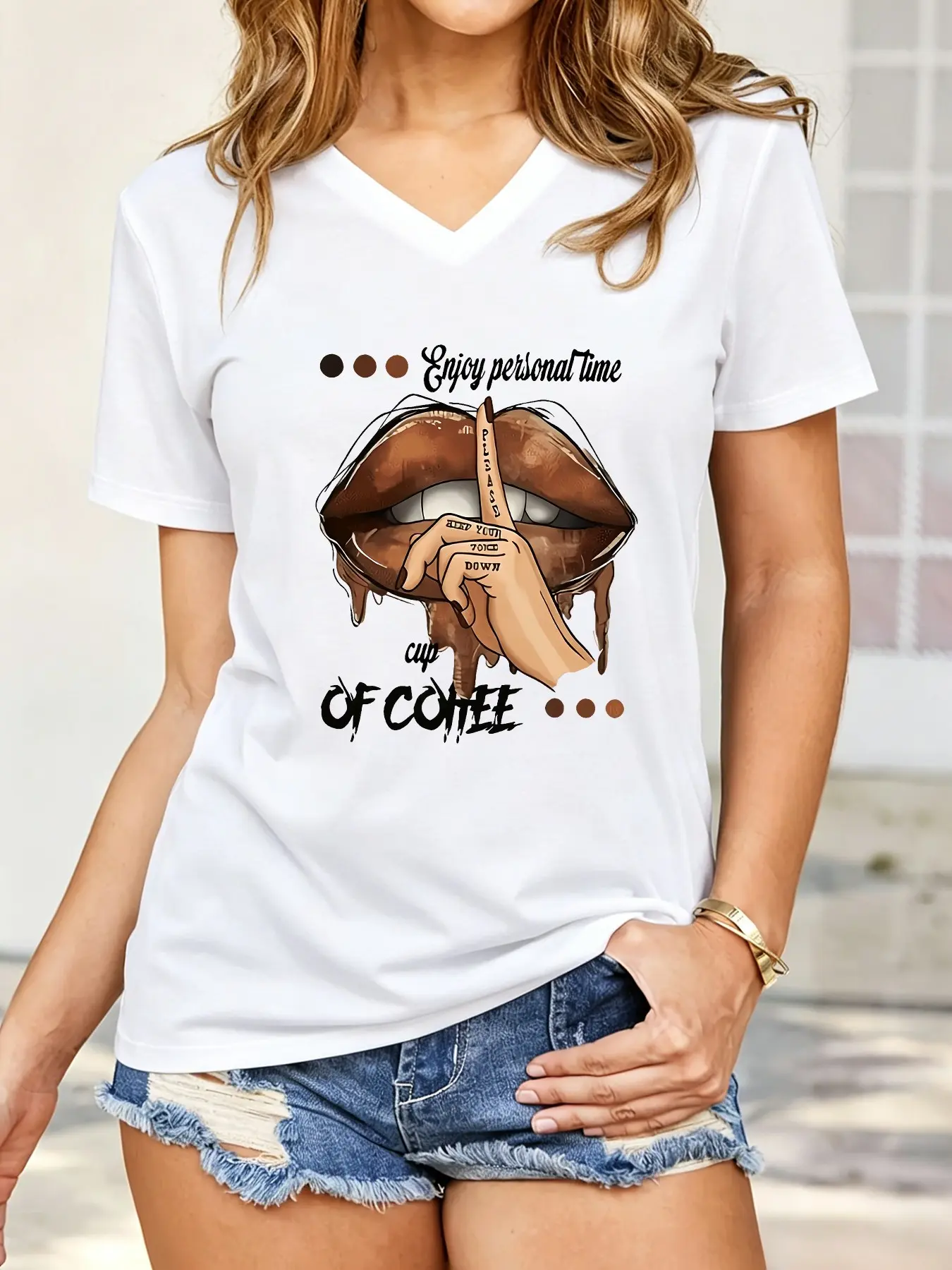Women's V Neck Casual T-Shirt, Lip Gesture Print, Summer Fashion Short Sleeve, Perfect for Vacation, Spring, Valentine's Day