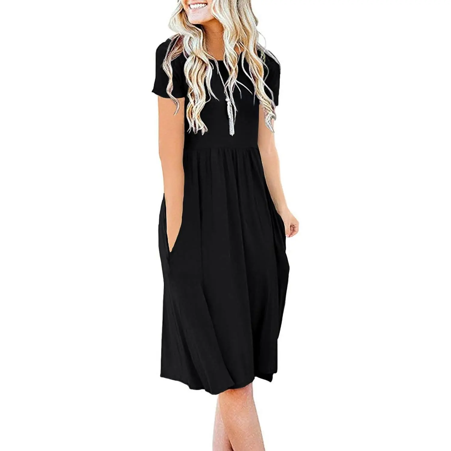 Women Summer Casual Short Sleeve Empire Waist Knee Length Dress with Pockets | Modest Jersey Teacher Church Dress