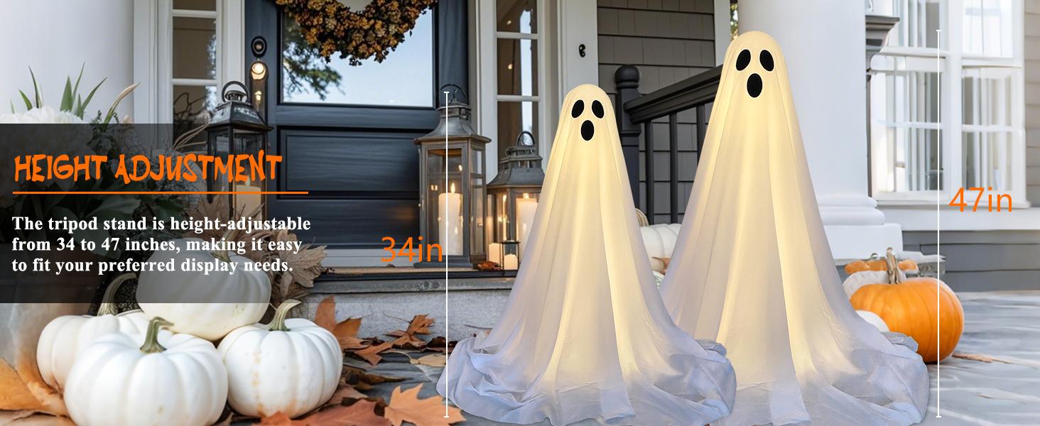 2Packs Halloween Decorations Outdoor, Spooky Halloween Ghost Decor with Remote String Lights Battery Operated, Easy to Assemble Ghost Decorations for Front Porch Yard