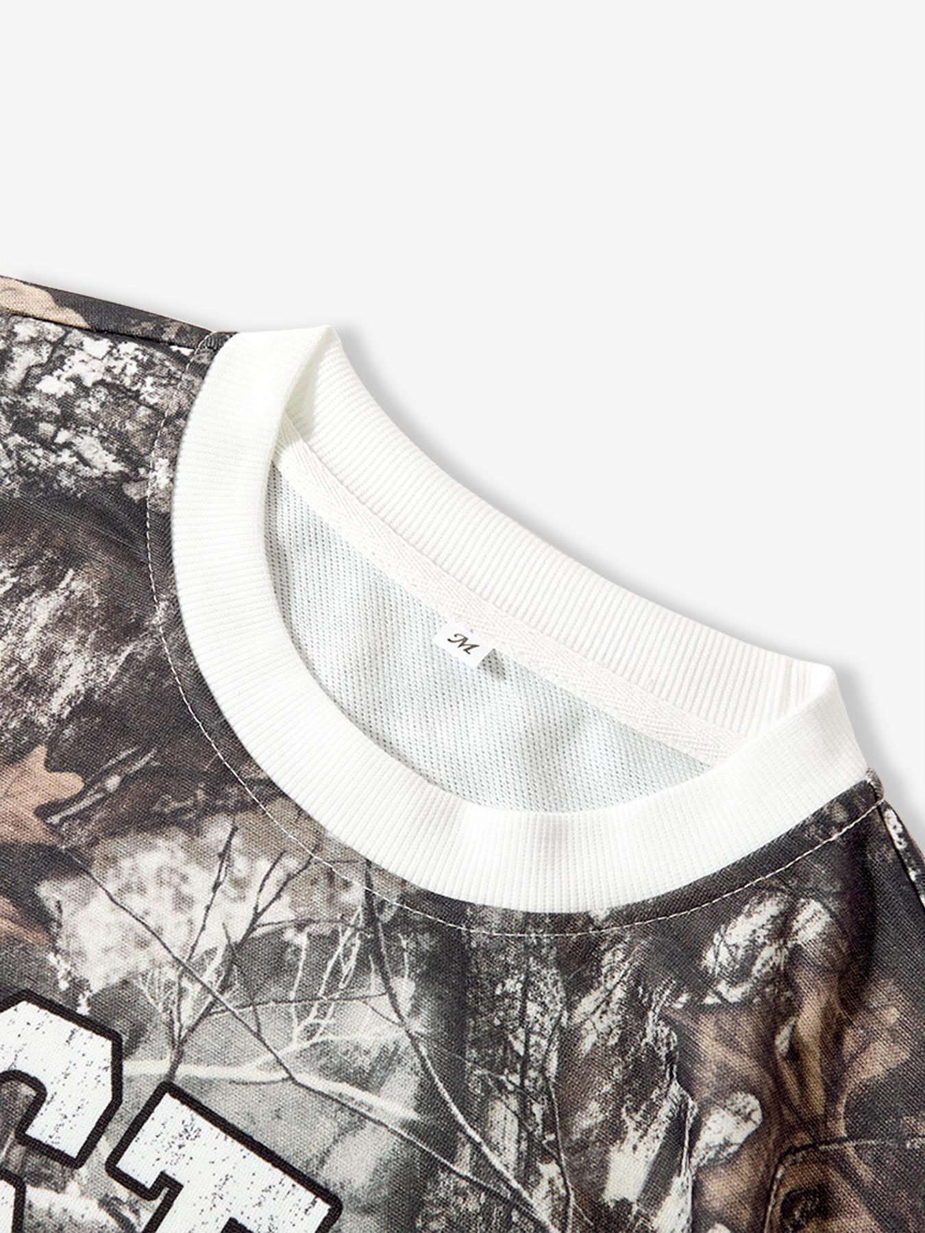 Men's Letter & Number Print 2 in 1 Drop Shoulder Camo Sweatshirt, Regular Fit Casual Long Sleeve Round Neck Pullover for Fall & Winter, Men's Clothes for Daily Wear