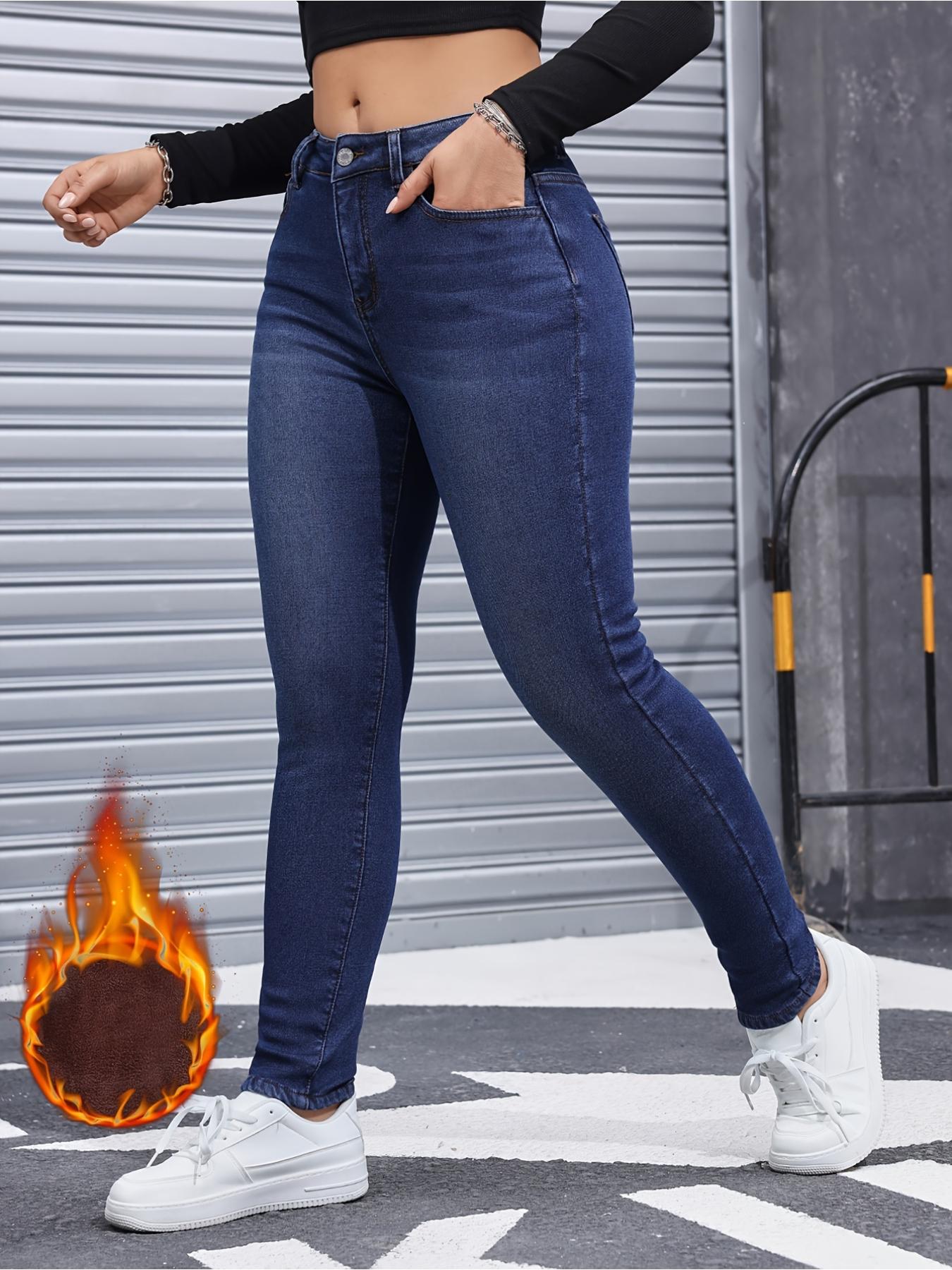 Women's Fleece-Lined Thermal High Waist Jeans, Slim Fit Denim for Fall & Winter