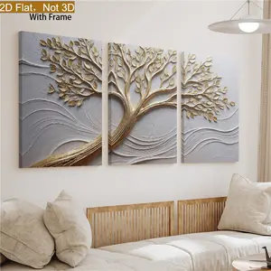 2D Flat, 2D Flat Three-Piece Set Golden Tree of Life Wall Art Hanging Painting - Vertical Modern Abstract Textured Canvas Painting with Wooden Frame, Golden Tree Painting Suitable for Living Room, Bedroom, Dining Room Decoration, Hook Installation, Adds E