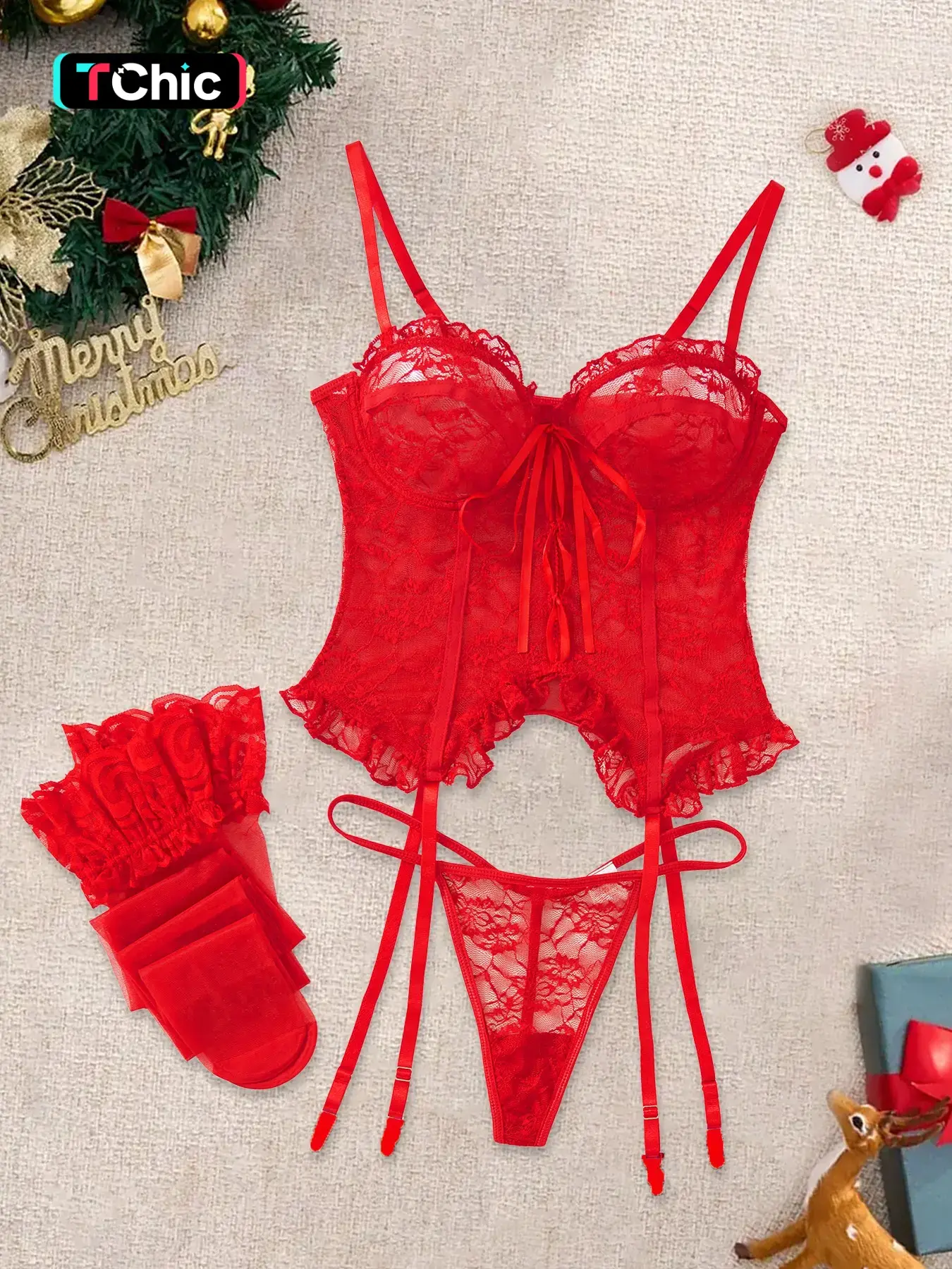 Christmas Sexy Lace Strappy Lingerie Set, Adjustable Strap, Sheer Ruffle Backless Design, Fitted Style, Soft Fabric, Underwear for All Seasons