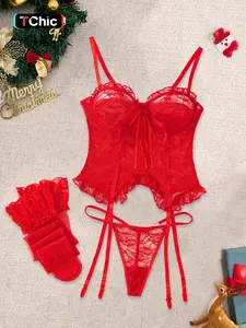 Christmas Sexy Lace Bra Set, Lingerie, Adjustable Strap, Sheer Ruffle Backless Design, Fitted Style, Soft Fabric, All Seasons Wear Underwear bra and sheer blouse lenceria sexi mujer senior pj pants house dress baddie