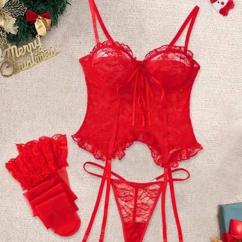 Women's Sexy Style Sheer Lace Lingerie Set, Adjustable Strap, Ruffle Trim & Backless Design, Soft Comfy Fabric, Ideal for All Seasons