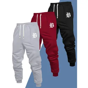Men's 3-piece set of ribbed jogger pants, regular fit, casual sports style, solid color basic lounge pants with an elastic waistband, drawstring, and pockets, perfect for outdoor activities, commuting, streetwear, suitable for spring, summer, autumn, and