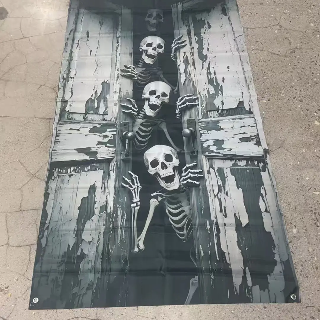 One 2D flat banner, made of polyester material, decorated with Halloween door frames - featuring a terrifying and eerie style, with a group of skull designs that push open doors, tc