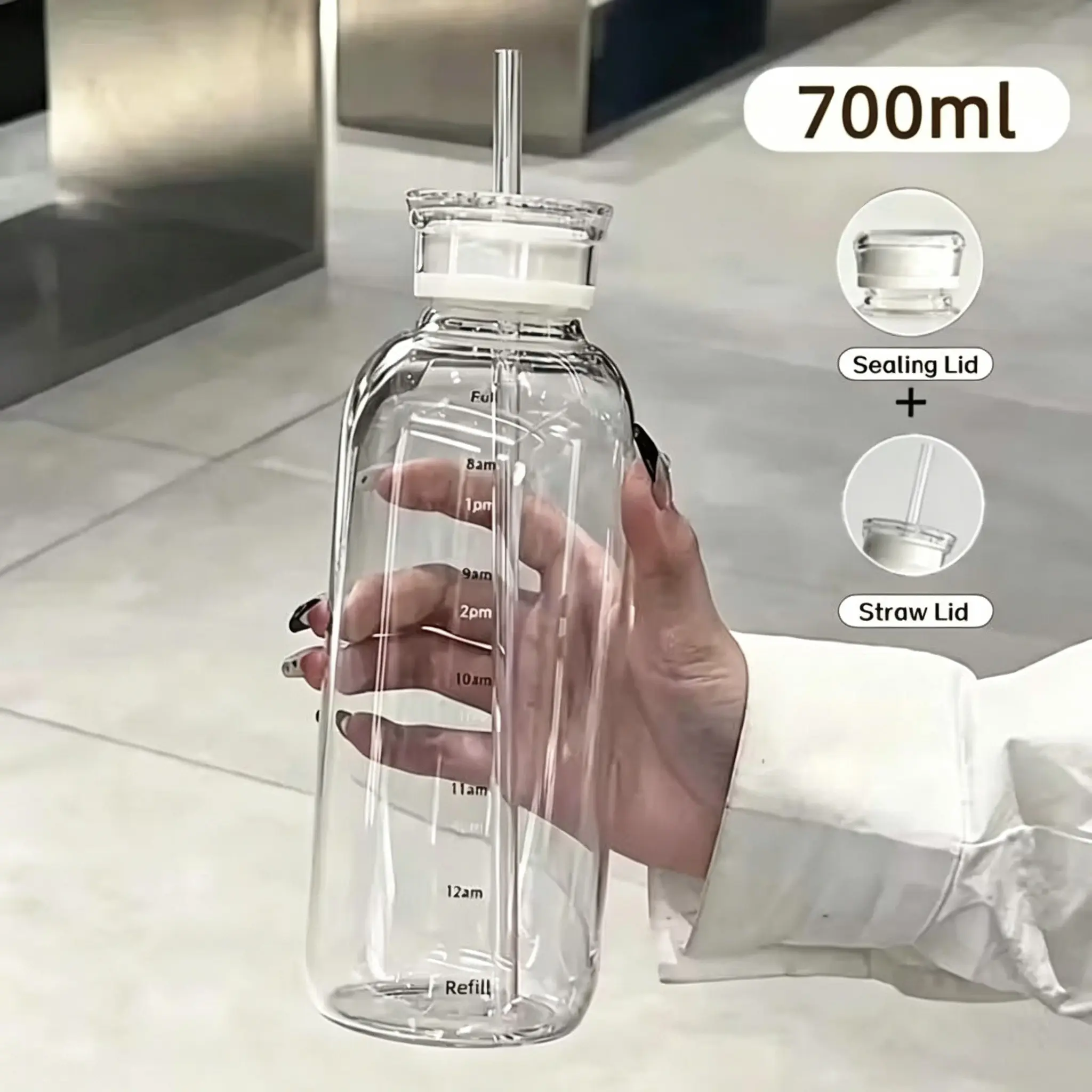 Clear High Borosilicate Glass Water Bottle, Glass Drinking Bottle with Time Marker,2 Leak Proof Lids & Reusable Straw,Wide Mouth Heat Resistant BPA Free Dishwasher Safe,Portable for Hot Cold Drinks Home Office Gym Travel