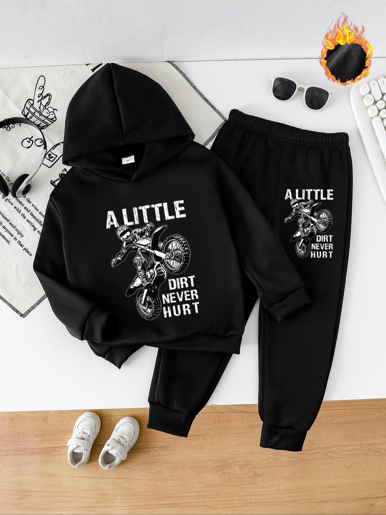 Boys' Fall & Winter Fashion Hooded Sweatshirt Set Hoodies, Thick Anime Motorcycle Print Pullover, Casual Fitted Pants, Perfect Outdoor Wear