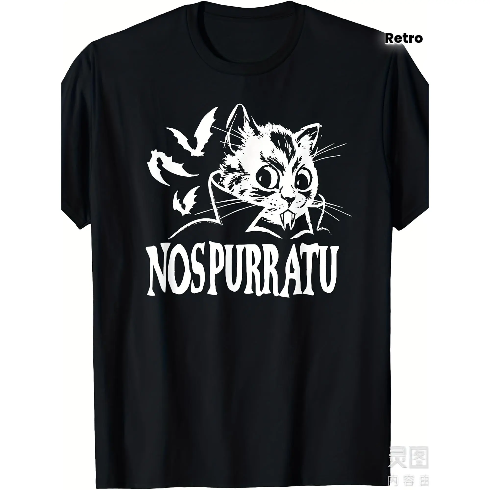 Unisex Menswear Short-Sleeve 220gsm Heavyweight Knit Cotton Fabric Gothic T-Shirt - Nosferatu-Inspired Vampire Kitty Print with Bats, Goth Horror Fan Apparel, Shortsleeve, Round Neck, Stretch, Vintage