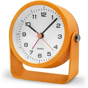 3.5 Inch Small Desk  Clock,  Operated Analog Silent Clock with Night Light, Retro  Metal Bedside Clock for Bedroom, Office, Bathroom, Dorm, Shelf, Table - Orange