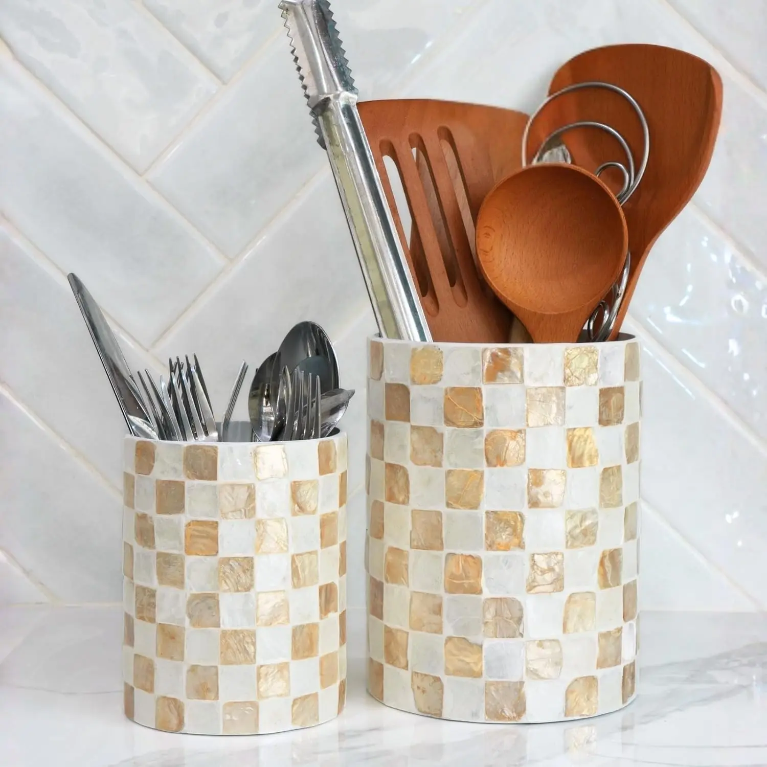 7.4"+5.8" Capiz Ivory Checkered Cooking Utensil Holder Set 2 | Honey-Tan And Pearl White Handmade Utensil Holders, Coastal Boho Utensil Crock, Capiz Shell Kitchen Counter Decor, Home Decor