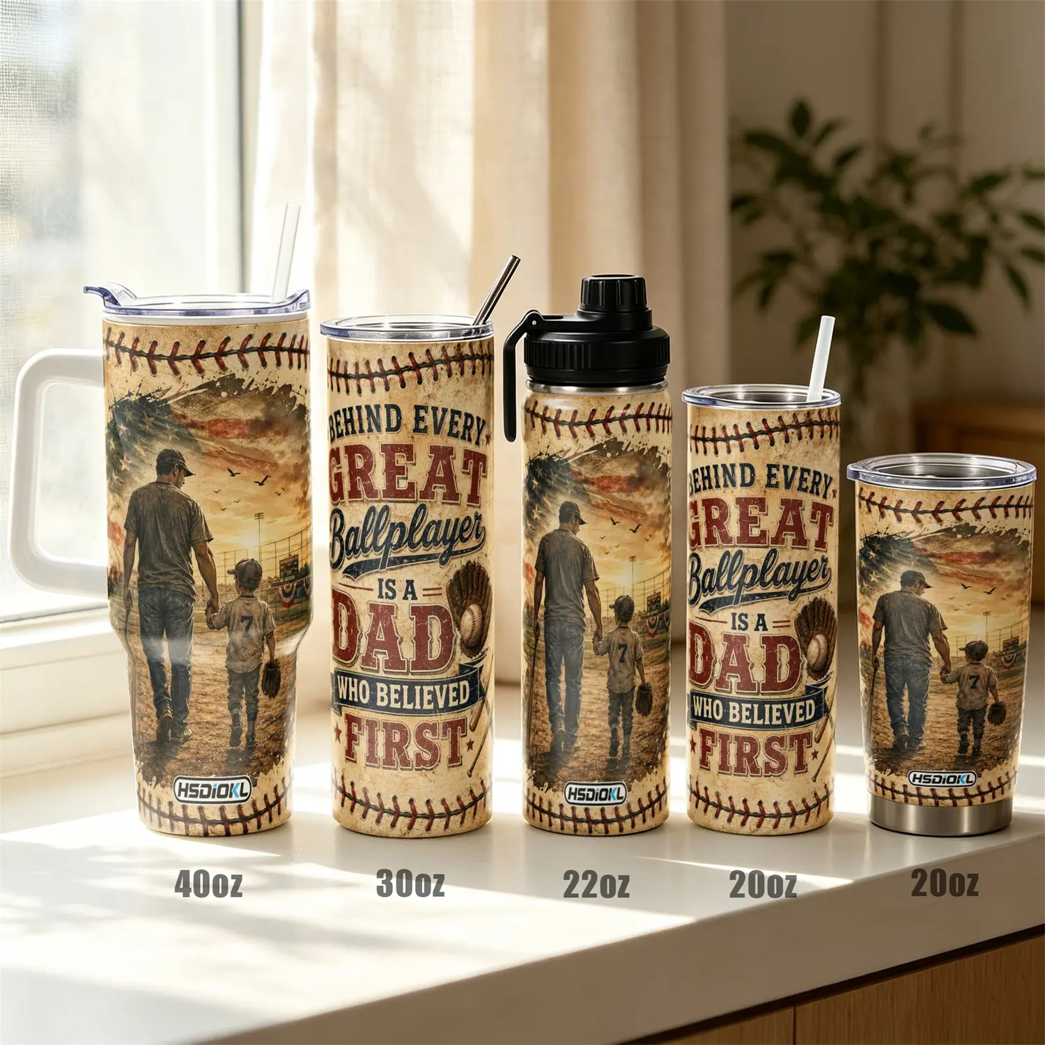 1pc 40oz/30oz/22oz/20oz Stainless Steel Tumbler, UV Print Baseball Dad & Son Pattern Vacuum Insulated Cup with Leak Proof Lid, Double Wall Sweat Proof Travel Mug, Father's Day Birthday Gift for Baseball Lovers, Fits Car Cup Holder