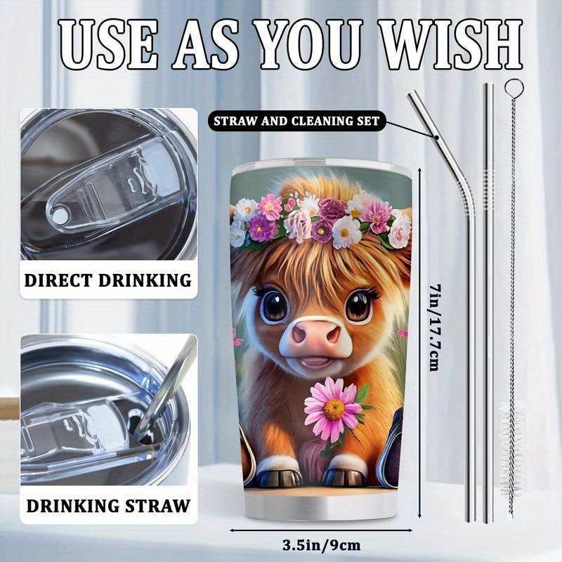 Cute Highland Bull Pattern Stainless Steel Thermos Mug with Floral Design | 20oz Leak-proof Travel Mug, BPA-free Double-walled Vacuum Insulated Mug, Suitable for Hot and Cold Drinks, Reusable, Perfect for Home, Office, Camping, and Everyday Gifts. Cute Highland Bull Pattern Stainless Steel Thermos Mug with Floral Design | 20oz Leak-proof Travel Mug, BPA-free Double-walled Vacuum Insulated Mug, Suitable for Hot and Cold Drinks, Reusable, Perfect for Home, Office, Camping, and Everyday Gifts.