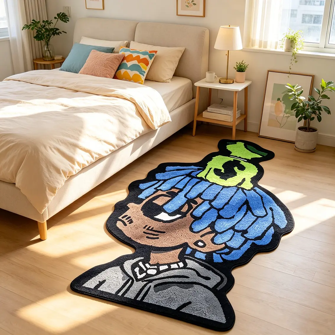 Blue Dirty Braid American Hip Hop Character Alien Carpet Street Trendy Plush Floor Mat Bedside Non slip Foot Mat Suitable for Rap Subculture/Trendy Play Home Decoration