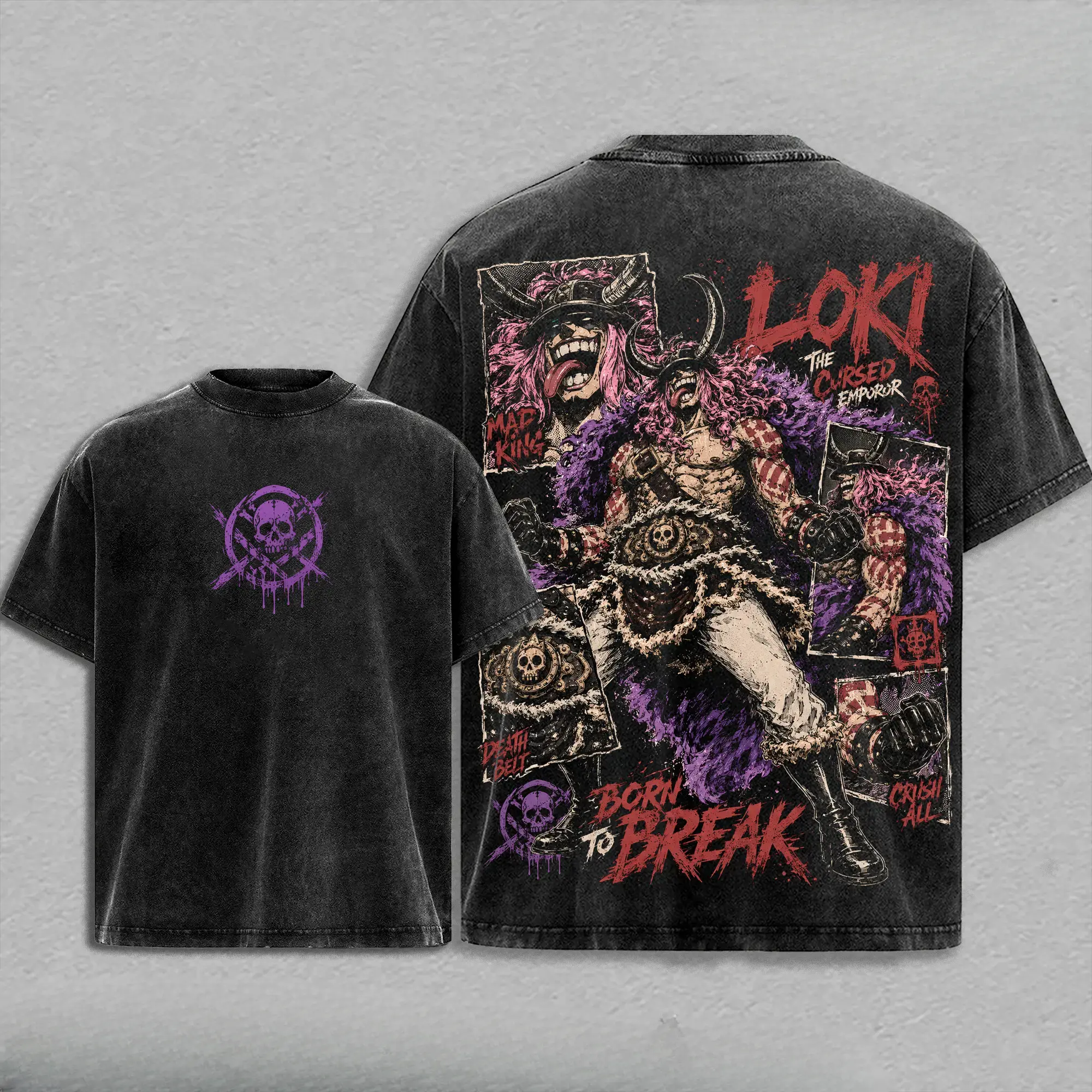 "Loki Elbaf" Vintage Washed Graphic T-Shirt, Oversized Heavyweight Cotton Tee, Pullover Hoodie & Sweatshirt, One Piece Anime Graphic Shirt, Elbaf Prince Double Sided Streetwear, Y2K Manga Merch, Premium Unisex Gift for Anime Fans