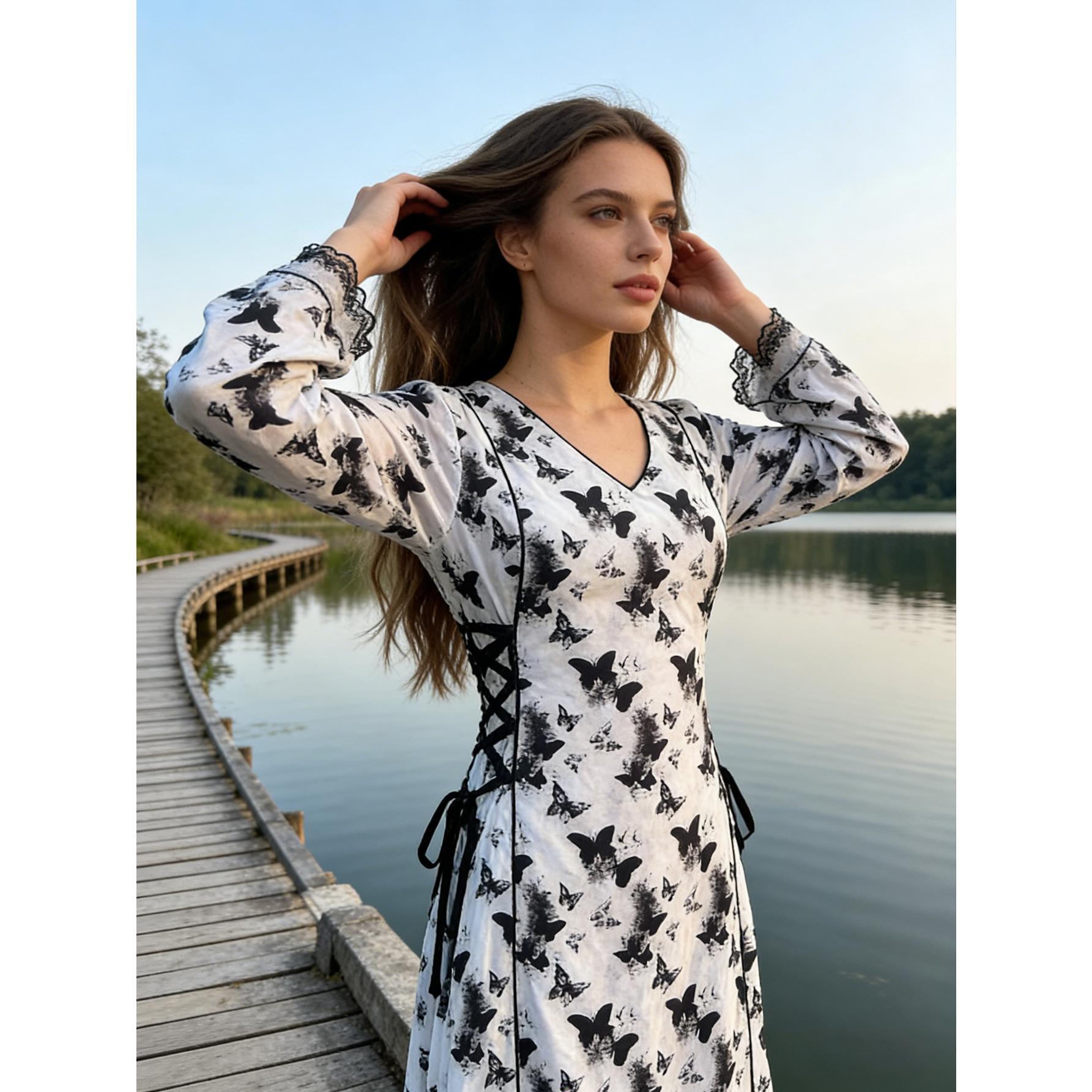 Ethereal Butterfly Print Maxi Dress Elegant V-Neck Long Sleeve Gown | Lace Trim Cuffs | S-XL | Perfect for Garden Parties, Fairy-core Photo Shoots & Romantic Dates