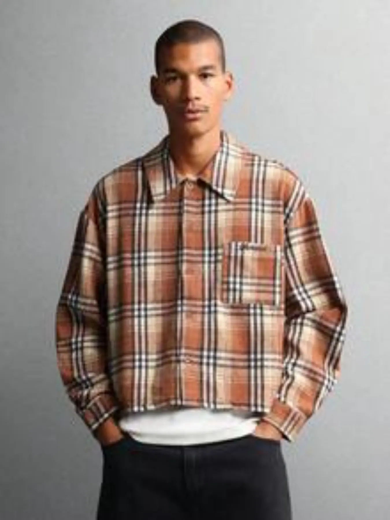 2026 Hot Selling Men Brown Plaid Cropped Shirt Jacket, Lapel Button Down Embroidery Pocket Shacket, Loose Long Sleeve Flannel Outerwear For Y2K Hip Hop Street Daily Autumn Outfits