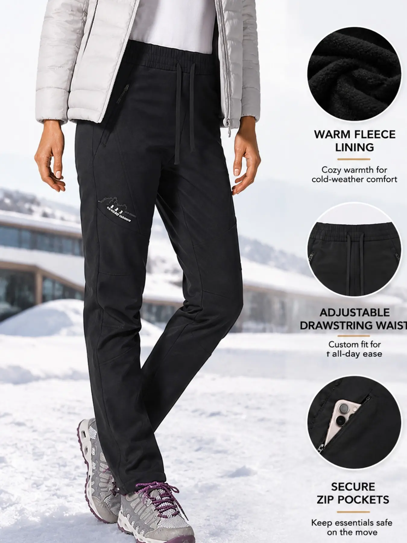 Women's Outdoor Fleece Lined Pants, Comfortable Solid Color Sporty Windproof Trousers with Zipper Pockets, Perfect for Fall & Winter Hiking, Runner Pants