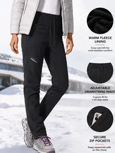 Women's Outdoor Fleece Lined Pants, Comfortable Solid Color Sporty Windproof Trousers with Zipper Pockets, Perfect for Fall & Winter Hiking, Runner Pants