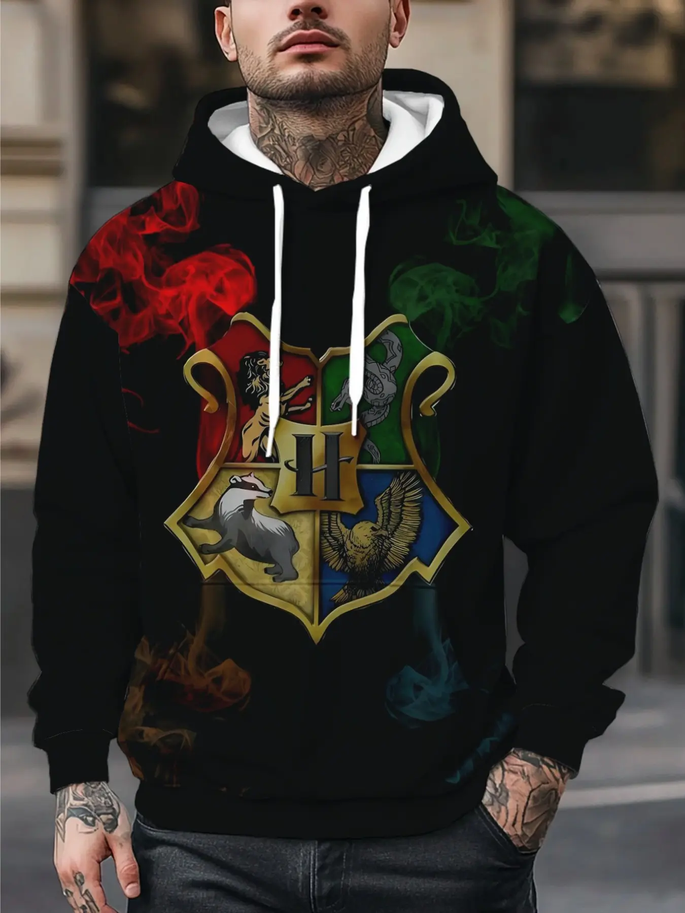 Harry Potter Hogwarts Crest 3D Print Hoodie, Unisex Casual Smoke Pattern Sweatshirt, Streetwear Trendy Pullover for Men and Women