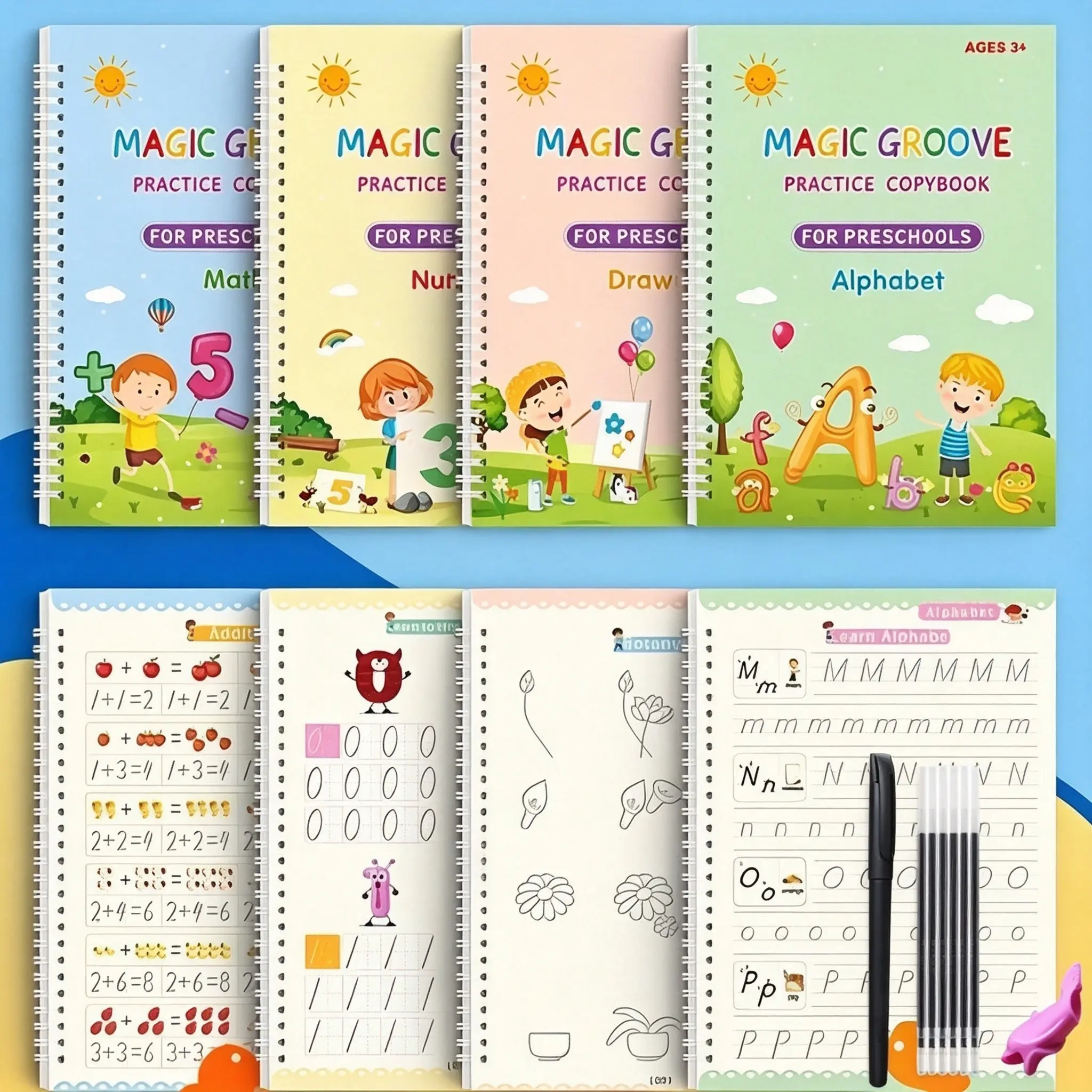 Grooved Handwriting Learning Tool Workbooks for Kids, Learning Materials, School Supplies, 4 Pcs Reusable Magic Practice Copybooks with 1 Pen, 5 Refills & 1 Random Color Pen Grip, Journaling Kit Set, Handwriting Practice Kits