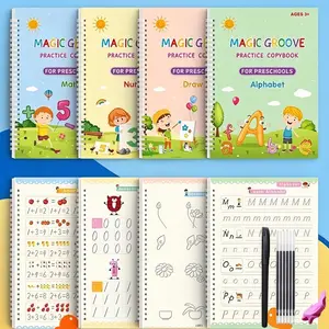 Grooved Handwriting Learning Tool Workbooks for Kids, Learning Materials, 4 Pcs Reusable Magic Practice Copybooks with 1 Pen, 5 Refills & 1 Random Color Pen Grip, Journaling Kit Set