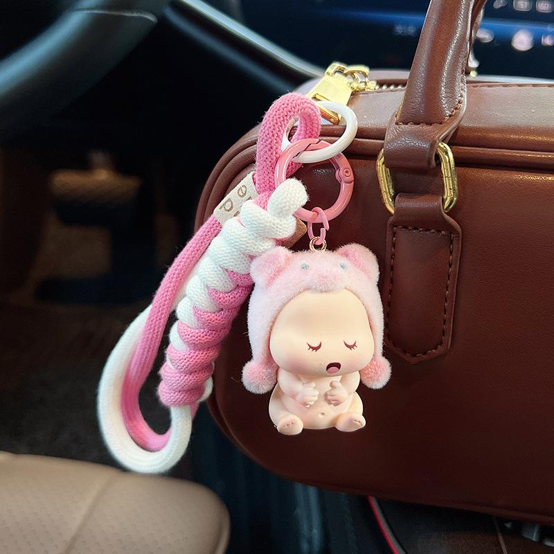 New Flocked Cartoon Hat Doll Keychain, Cute Kawaii Baby Figurine Car Key Ring, Fashionable Plush Bag Charm Accessory for Women