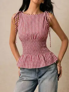 Women's Plaid Tie Shoulder Ruffle Top, Waist Cinch Sleeveless Shirt Mm-6001, Stylish Casual Wear, Perfect for Daily