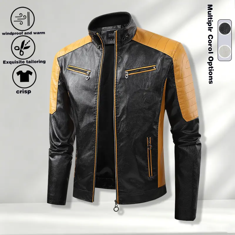 Spring and Autumn new men's spliced leather jacket standing collar motorcycle jacket youth trend slim fit casual leather jacket men