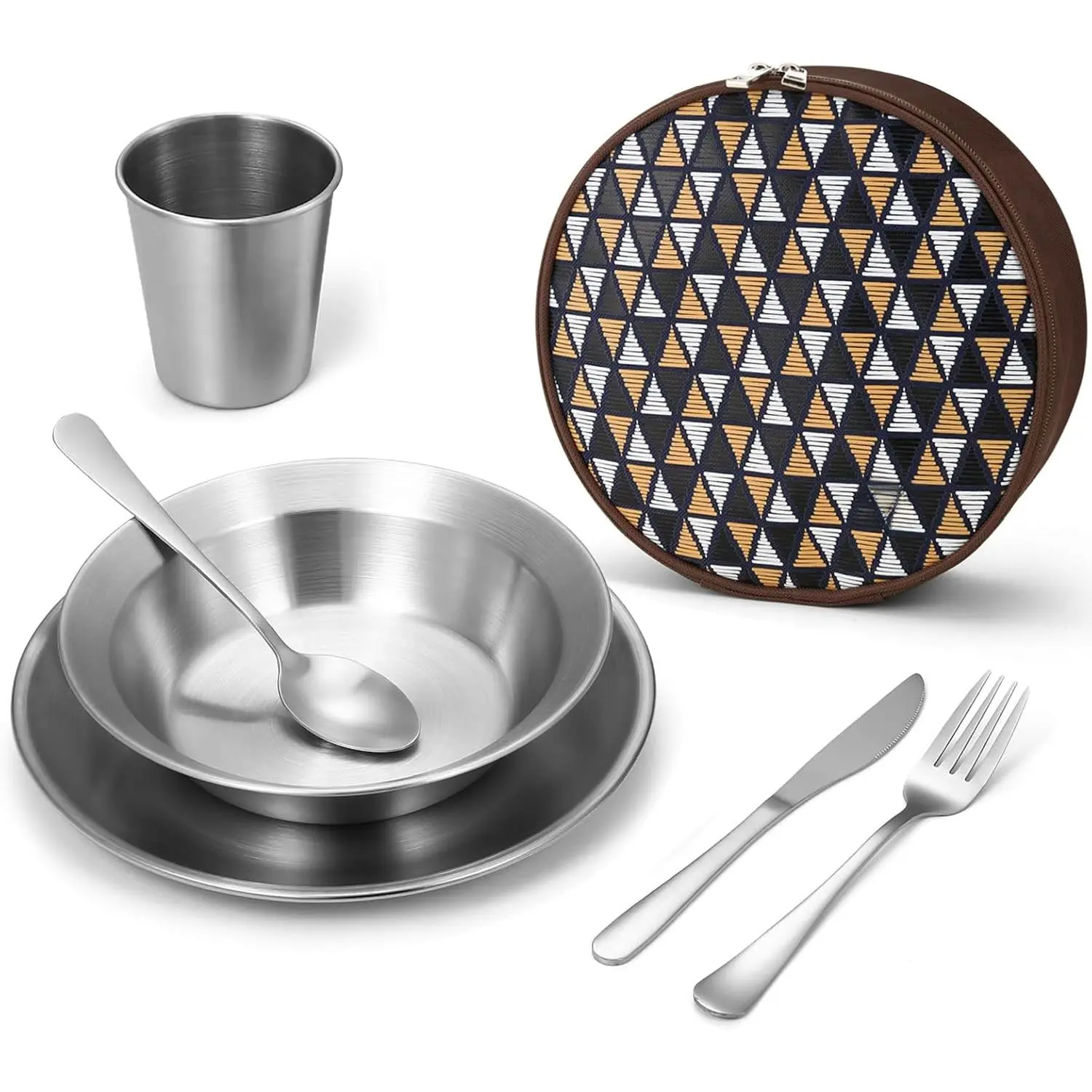1-Person Food-Grade Stainless Steel Camping Mess Kit - 1 Person Set with Plate Cup Bowl, Fork, Spoon, Knife, Compact Storage Bag, Lightweight, Durable, Portable, Non-Toxic, Easy to Clean, Dishwasher-Safe for Camping, Backpacking