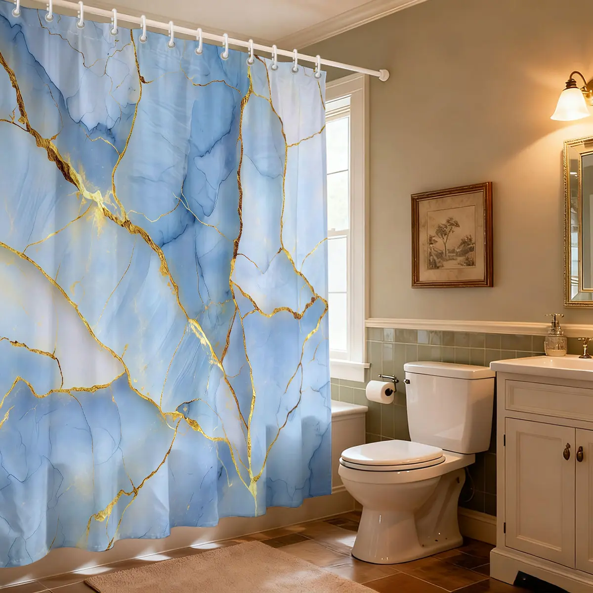 Light Blue Gold Vein Marble Shower Curtain, Waterproof Fabric Luxury Bathroom Decor Curtain, Soft Sky Blue Marble Print Bath Curtain