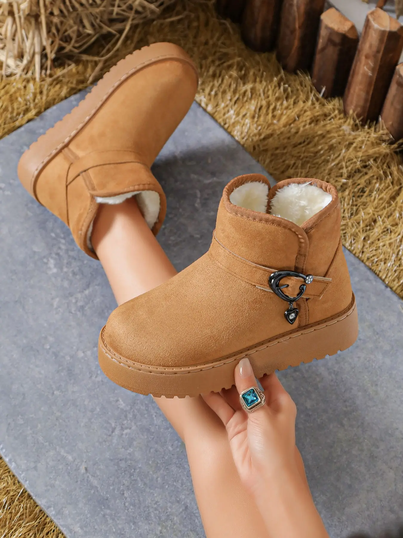 Heart Rhinestone Pendant Buckle Short Snow Boots for Women, 3.5cm Thick Sole, Round Toe, Fall Winter Fleece Lined, Anti-Slip Warm Short Boots