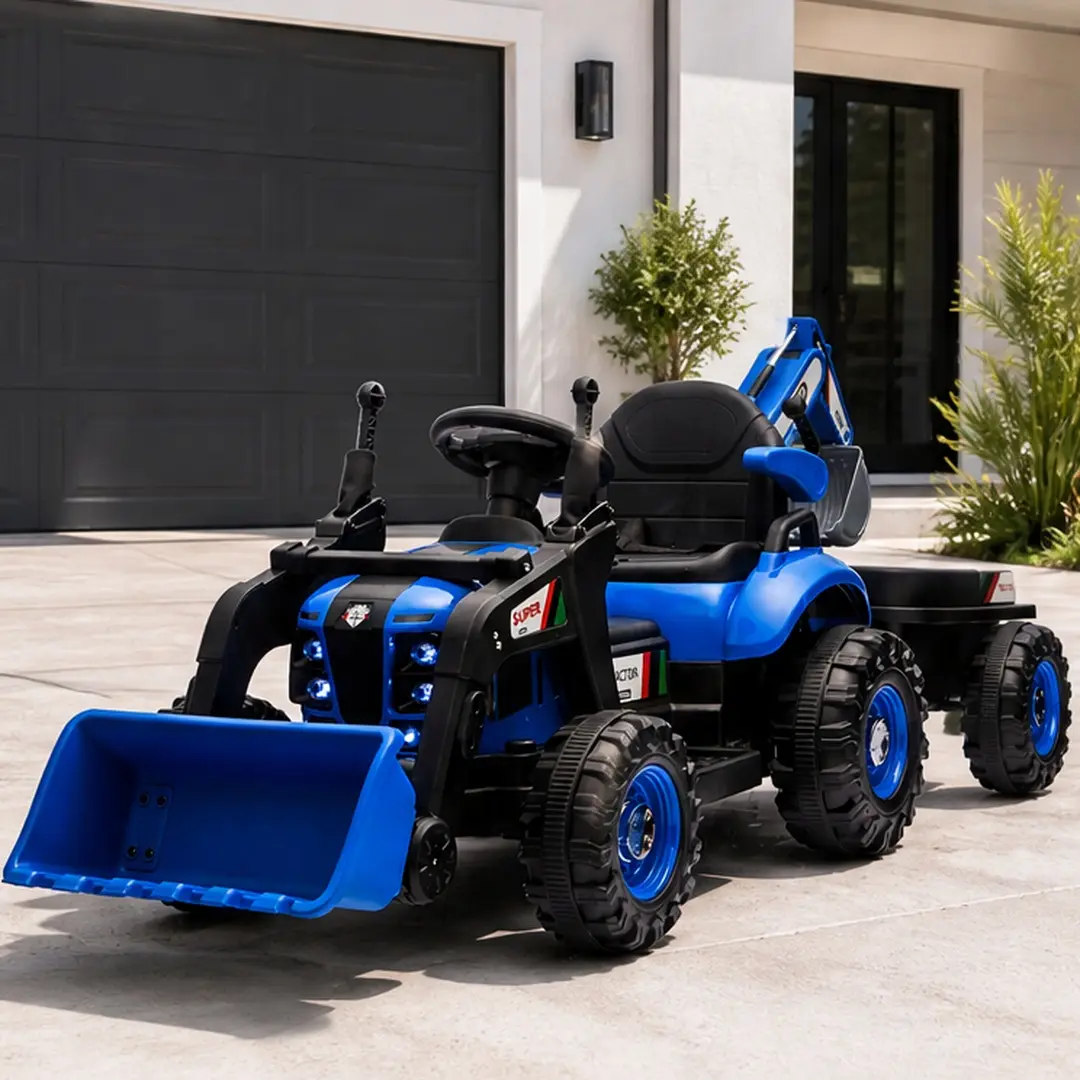 ARCH 24V Kids Ride-On Electric Tractor for Construction Play, 4-in-1 Attachments (Excavator, Dump Truck, Bulldozer), Parent Remote Control, 3 Speed Modes, Bluetooth Music, LED Tail Lights, Swivel Seat, Detachable Wagon, Blue Polypropylene Outdoor Toy, 3-S