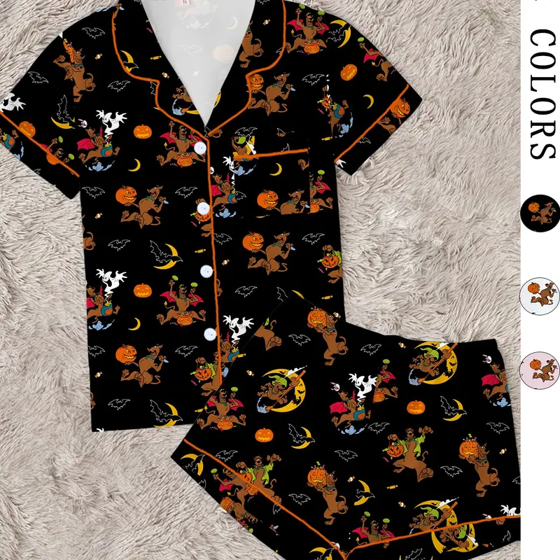 Women's Halloween Pajama Set, Cute Cartoon Pumpkin, Bat, Ghost & Animal Print, 2-Piece Short-Sleeve Sleepwear Loungewear, Fitted for All Seasons, Pyjamas Set