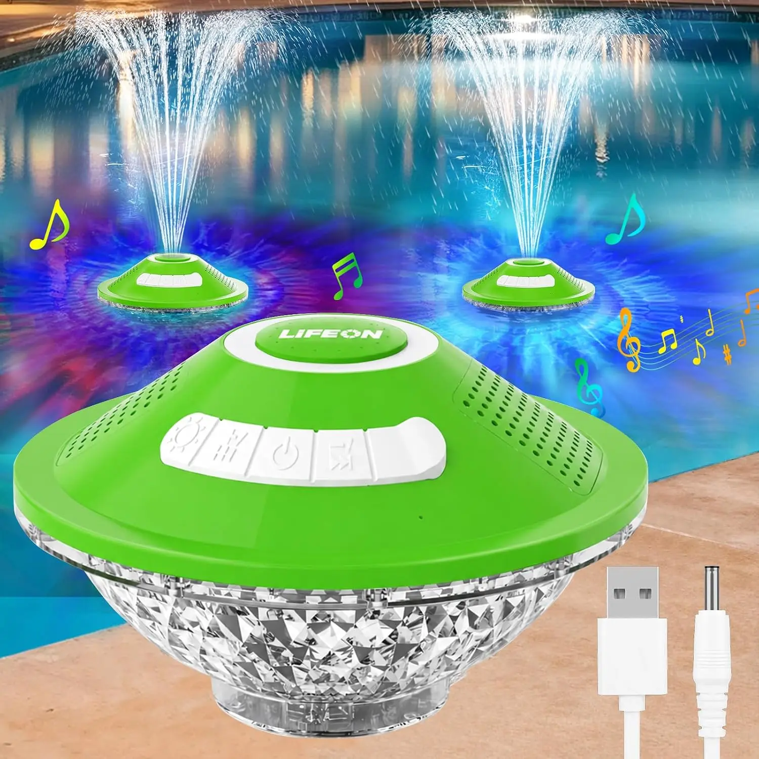 3 in 1 Floating Pool Fountain with Speaker & Lights Rechargeable, Green |  Swimming Pool Sprinkler Fountain with Underwater Lights Hot Tub Speaker Fountain Pump for Inground Above Ground Pools