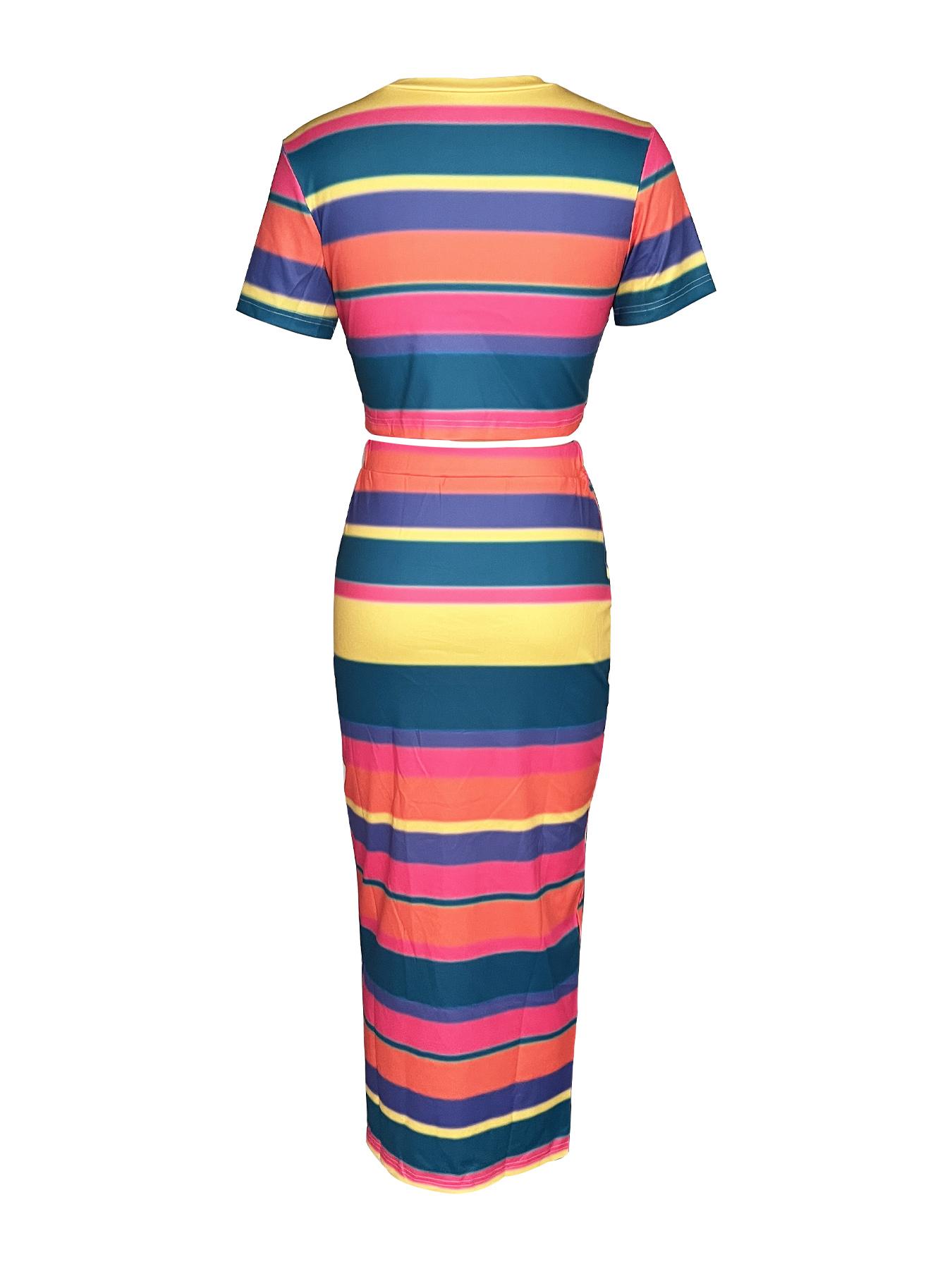 Two-Piece Set Women's Striped Print Round Neck Crop Tee & Split Hem Long Bodycon Skirt Set, Elegant Fashion Casual Cozy Breathable Womenswear Two Piece Outfits for Daily Outdoor Wear, Ladies Clothes for Summer